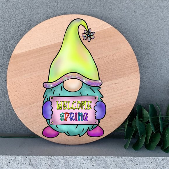 Hand Crafted Other - Welcome Spring Gnome Wall Art 12" Thin Birch Round Wood Handmade